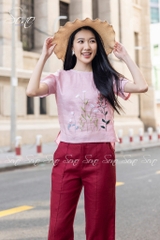 SONO - Áo linen viền ren cổ thêu cây cỏ
