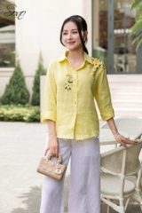 SONO - Áo sơ mi dài tay linen thêu hoa vai