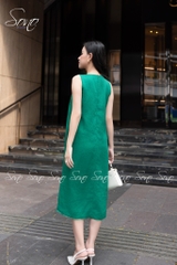 SONO - Đầm linen cổ tim thêu cành lá xương cá