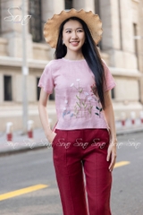 SONO - Áo linen viền ren cổ thêu cây cỏ