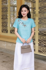 SONO - Áo linen cổ tròn thêu chùm hoa ngâu