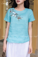 SONO - Áo linen cổ tròn thêu chùm hoa ngâu