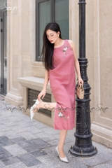 SONO - Đầm linen nút bên viền trắng thêu