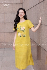 SONO - Đầm linen có tay thêu bình hoa mẫu đơn