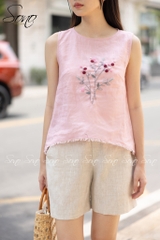 SONO - Áo linen sát nách thêu hoa tua rua