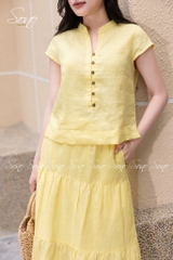 SONO - Áo linen cổ tàu đính nút gỗ