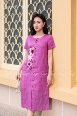 SONO - Đầm linen loang nút gỗ thêu hoa