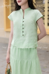 SONO - Áo linen cổ tàu đính nút gỗ