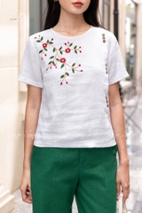 SONO - Áo linen đính nút gỗ thêu hoa