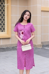 SONO - Đầm linen loang nút gỗ thêu hoa