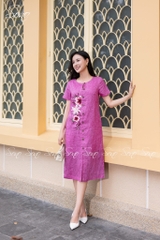 SONO - Đầm linen loang nút gỗ thêu hoa