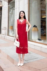 SONO - Đầm linen nút gỗ bên thêu viền cổ tim
