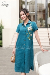 SONO - Đầm sơ mi tay ngắn linen thêu hoa