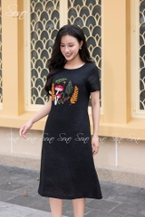 SONO - Đầm linen có tay thêu cây nấm