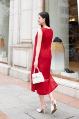 SONO - Đầm linen nút gỗ bên thêu viền cổ tim