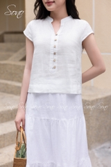 SONO - Áo linen cổ tàu đính nút gỗ