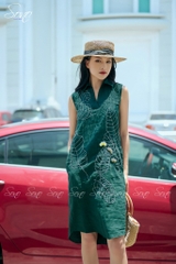 SONO - Đầm linen sơ mi thêu lá to