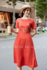 SONO - Đầm linen có tay thêu hoa thân trên