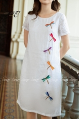 SONO - Đầm linen có tay thêu 6 chuồn chuồn