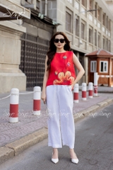 SONO - Áo linen sát nách vẽ lá sen