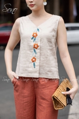 SONO - Áo linen sát nách thêu dọc