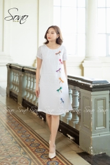 SONO - Đầm linen có tay thêu 6 chuồn chuồn
