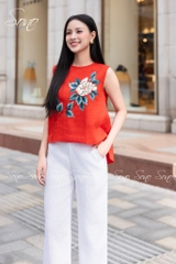 SONO - Áo linen sát nách tà lệch vẽ hoa