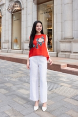 SONO - Áo linen sát nách tà lệch vẽ hoa