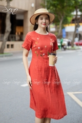SONO - Đầm linen có tay thêu hoa thân trên