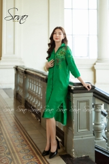 SONO - Đầm linen sơ mi thêu hoa vai