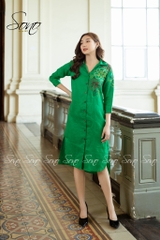 SONO - Đầm linen sơ mi thêu hoa vai