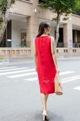 SONO - Đầm linen sát nách thêu hoa nhí ở ngực-nút gỗ sau