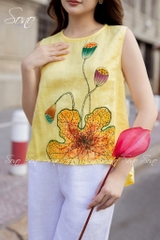 SONO - Áo linen sát nách vẽ lá sen