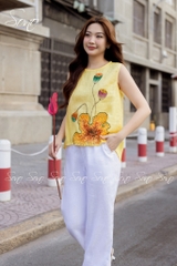 SONO - Áo linen sát nách vẽ lá sen