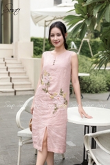 SONO - Đầm linen cổ V phối 3 nút gỗ