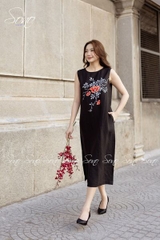SONO - Đầm dài linen nút bên vẽ hoa