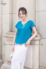 SONO - Áo linen tay dơi cổ tim thêu