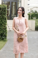 SONO - Đầm linen cổ V phối 3 nút gỗ