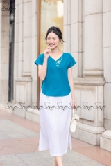 SONO - Áo linen tay dơi cổ tim thêu