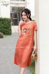 SONO - Đầm linen có tay thêu cây nấm