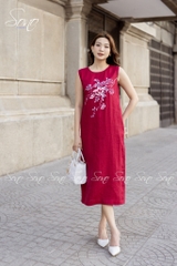 SONO - Đầm dài linen nút bên vẽ hoa
