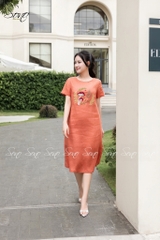 SONO - Đầm linen có tay thêu cây nấm