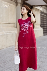 SONO - Đầm dài linen nút bên vẽ hoa