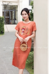 SONO - Đầm linen có tay thêu cây nấm