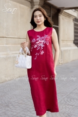 SONO - Đầm dài linen nút bên vẽ hoa