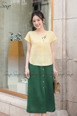 SONO - Áo linen tay dơi cổ tim thêu