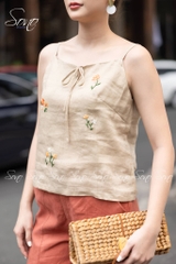 SONO - Áo linen 2 dây thắt nơ thêu hoa