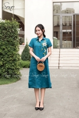 SONO - Đầm sơ mi tay ngắn linen thêu hoa