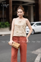 SONO - Áo linen 2 dây thắt nơ thêu hoa