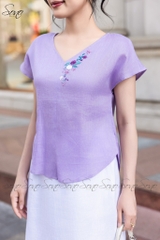 SONO - Áo linen tay dơi cổ tim thêu